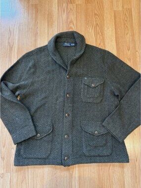 Polo Ralph Lauren Mens XXL Herringbone Wool Shawl Collar Cardigan Sweater Green